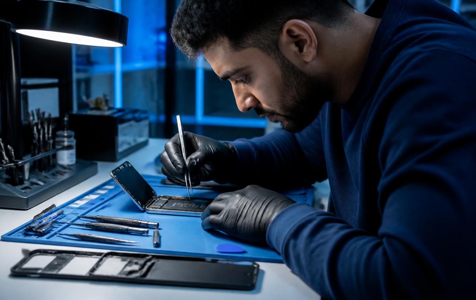 Technician replacing a cracked phone screen at the Talk 4 Less Wireless repair bench in Miami, FL