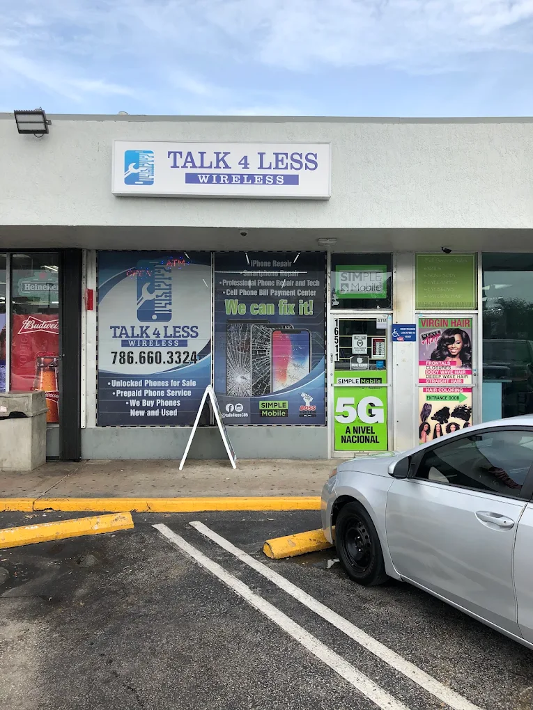 Talk 4 Less Wireless storefront on NE 6th Ave in Miami